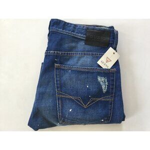 Guess Men’s Relaxed Tapered Crop Jeans In Opulent Blue Wash With Destroy Size 34
